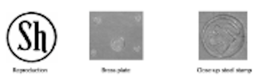 Illustration of a hallmark with the letters Sh. On the left the drawing, in the middle a stamped brass plate, and on the right the enlargement of the steel punch.