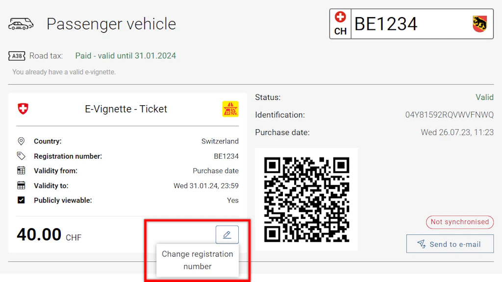 Change of Swiss number plate