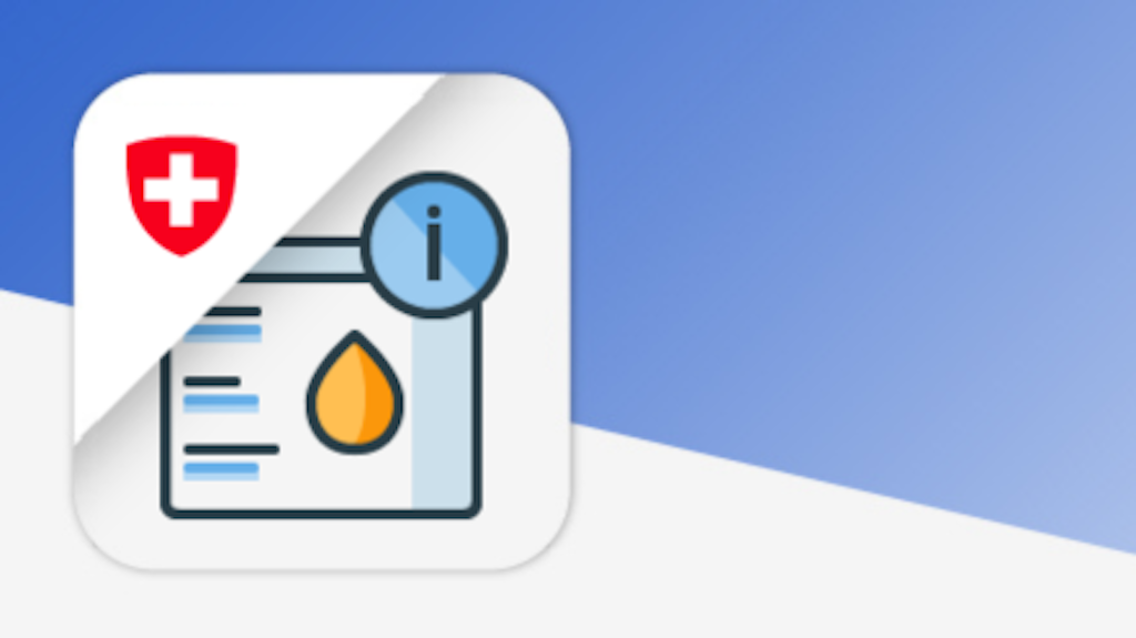 An icon with an information symbol and a drop symbol displayed on a digital interface. A Swiss cross is visible in the background.