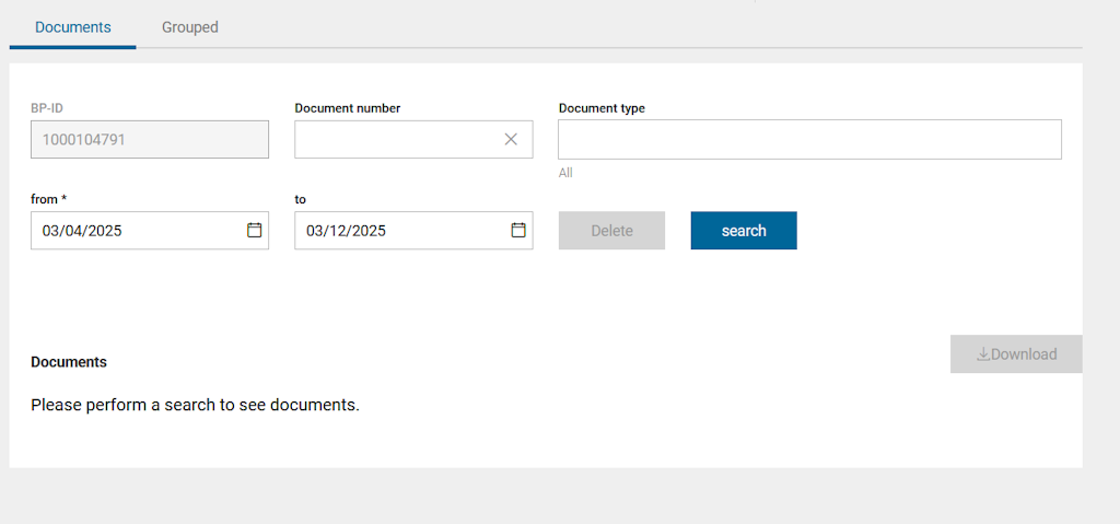  A user interface for document search with fields for GP ID, document number, and date. Search and delete options are available.