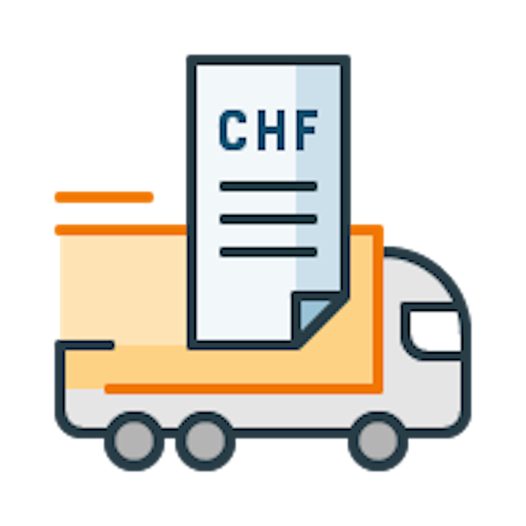 A stylized truck symbol with a document showing CHF.