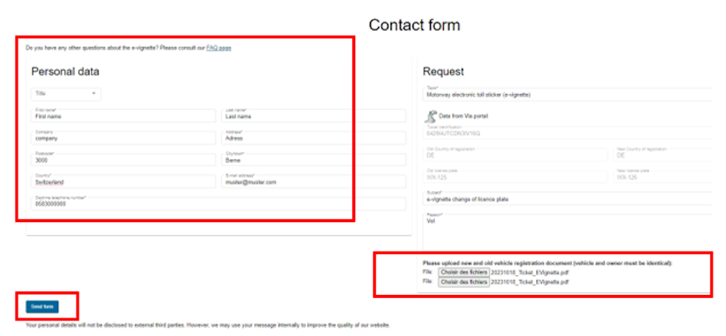 An online contact form with fields for personal information and inquiries. The user can enter personal data and upload files.
