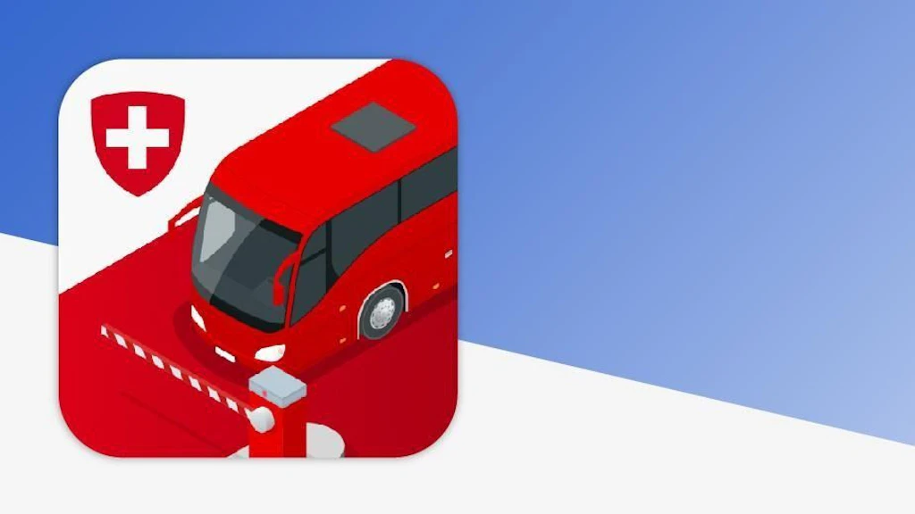 A red bus is in front of a barrier. In the background, a Swiss cross on a sign is visible.