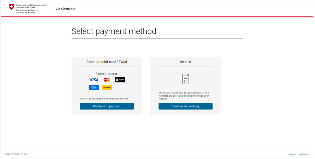 A webpage displays options for selecting the payment method. On the left are credit or debit card and Twint, on the right is the invoice option.