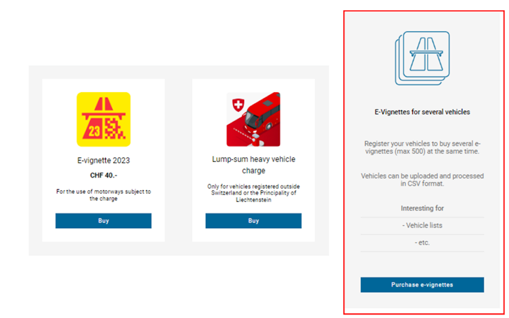 The graphic shows options for purchasing E-Vignettes and heavy vehicle charges. There is an E-Vignette for CHF 40 and a flat heavy vehicle charge. 