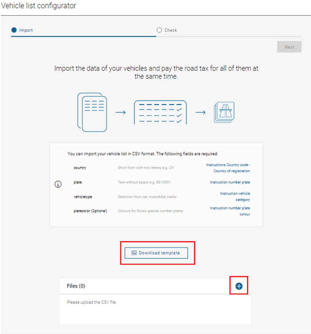 The vehicle list configurator allows importing vehicle data in CSV format. Users can import their vehicle data and pay the road tax simultaneously.