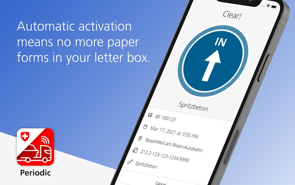 Banner showing a smartphone with the Periodic app and a clear passage symbol. The text explains that automatic activation means no more paper forms in the letter box.