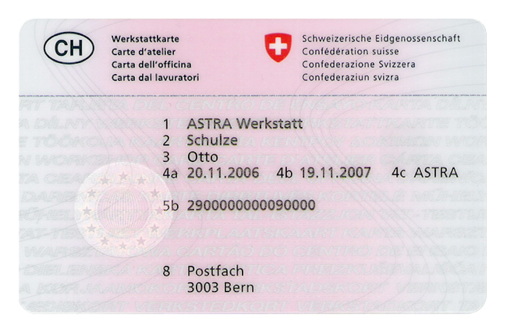 Une carte d'atelier suisse avec des informations telles que le nom, la date et l'adresse. La carte contient le logo de la Confédération suisse.