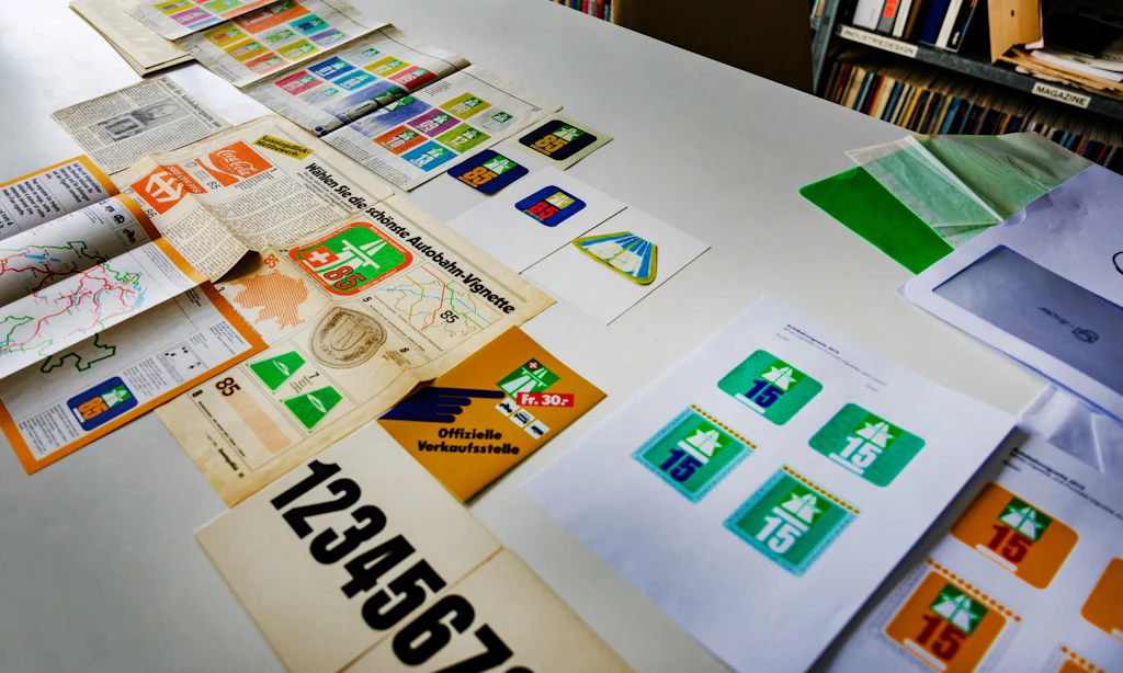 Sur une table sont étalées diverses vignettes autoroutières suisses historiques et actuelles, des articles de journaux et des projets. Au premier plan, on voit des esquisses typographiques dessinées à la main pour les chiffres des années sur la vignette.  
