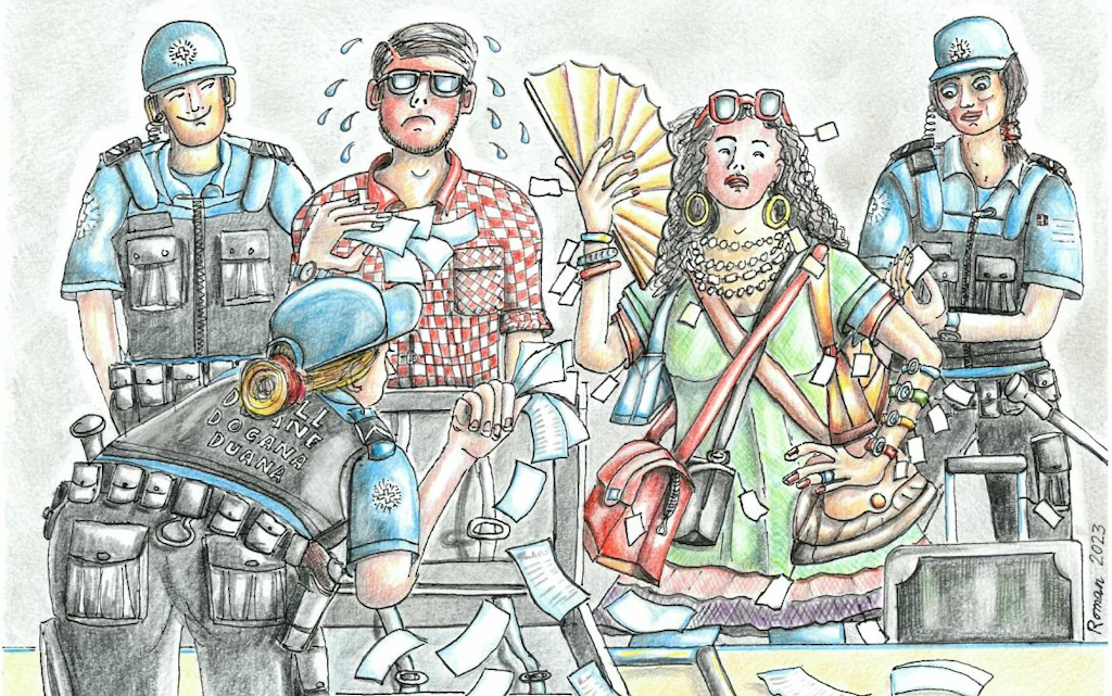 Plusieurs collaboratrices et collaborateurs de la douane contrôlent des voyageurs et leurs bagages. Des documents et reçus volent dans les airs tandis qu’ une valise est inspectée. Les deux voyageurs, un homme et une femme, transpirent fortement car ils portent plusieurs couches de vêtements. La femme porte plusieurs sacs en bandoulière. Elle a plusieurs montres aux poignets et beaucoup de bijoux.