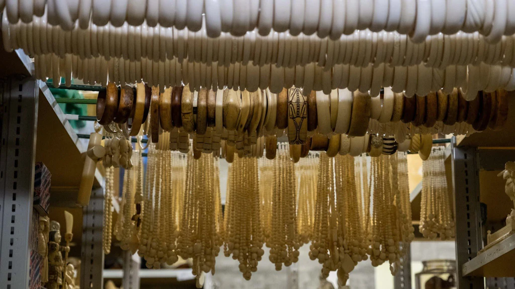 Une étagère avec divers bijoux, y compris des bracelets et des colliers suspendus à des crochets. Les bijoux semblent être fabriqués à partir de matériaux différents.