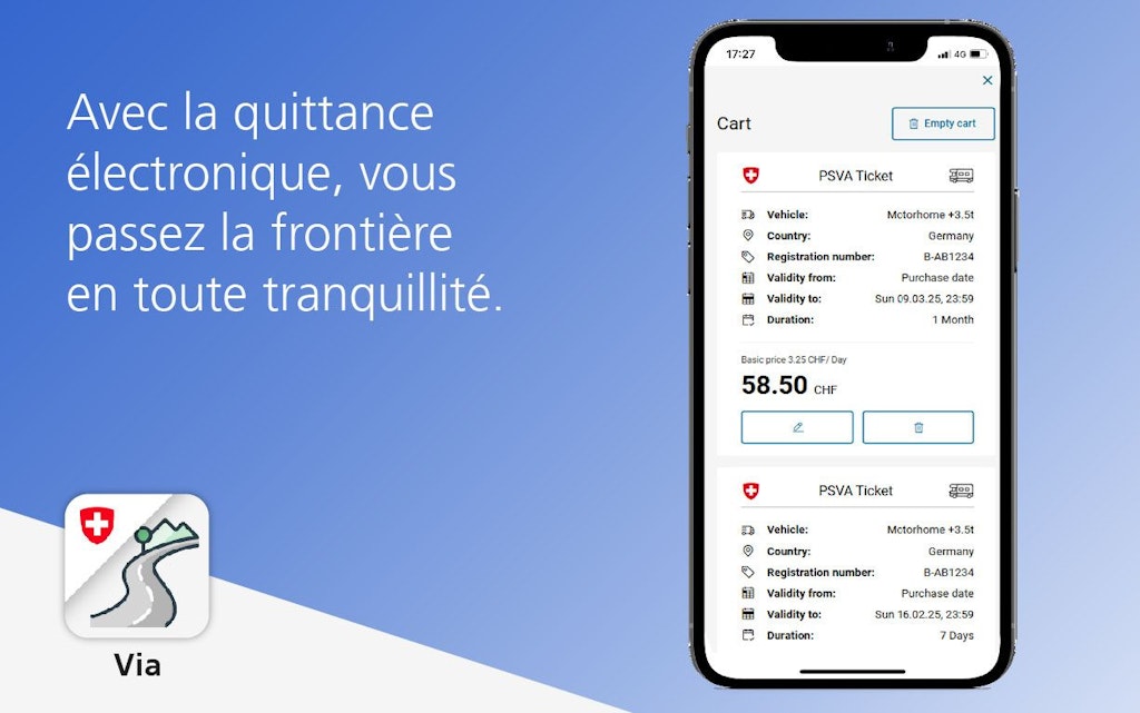 Un smartphone affiche un reçu numérique pour un ticket PSVA. Le texte à côté indique que l'on passe la frontière sans stress avec le reçu numérique.