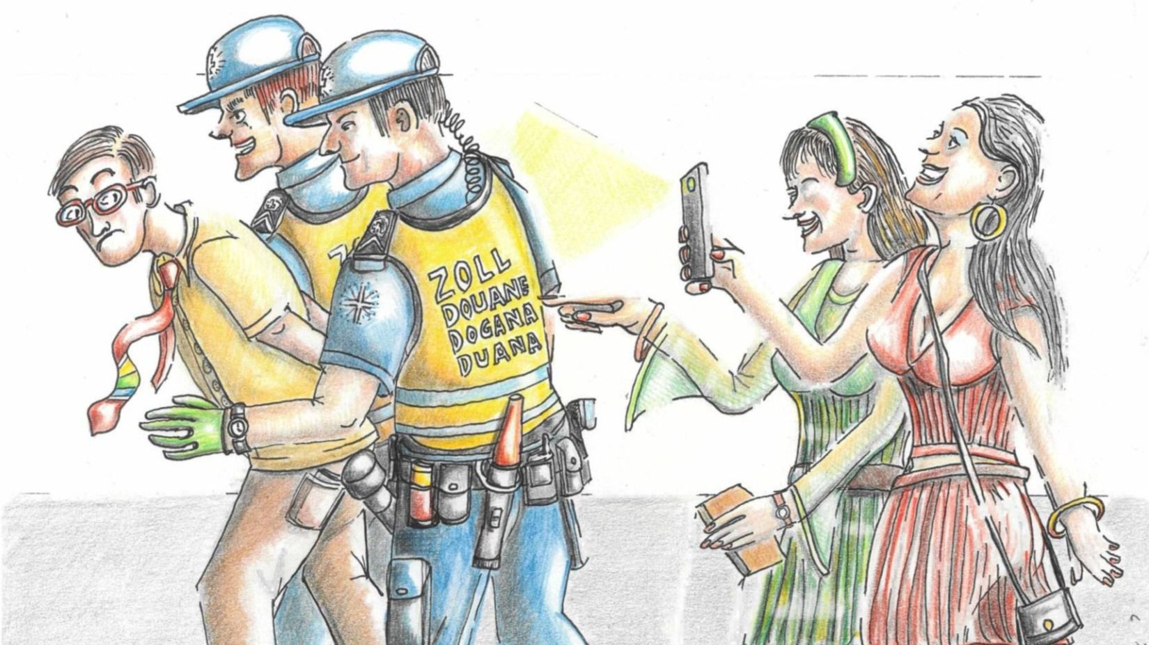 Une caricature montre deux douaniers escortant une personne, tandis que deux femmes photographient la scène avec leurs téléphones. 