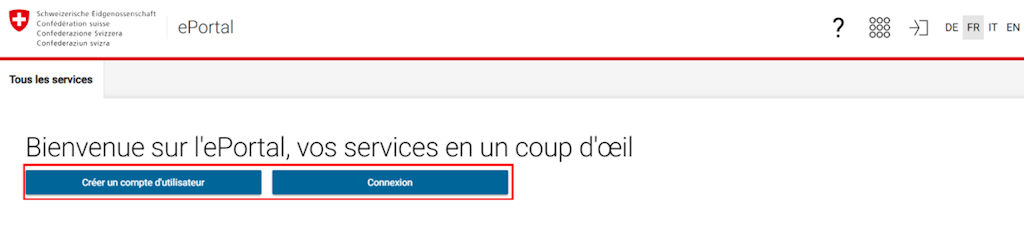 La page d'accueil de l'ePortal de la Confédération suisse affiche deux options principales : créer un compte utilisateur et se connecter.  