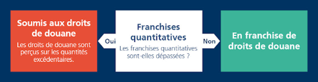 Un schéma montre la réglementation douanière avec les options taxable et exempté selon les quantités franches.  