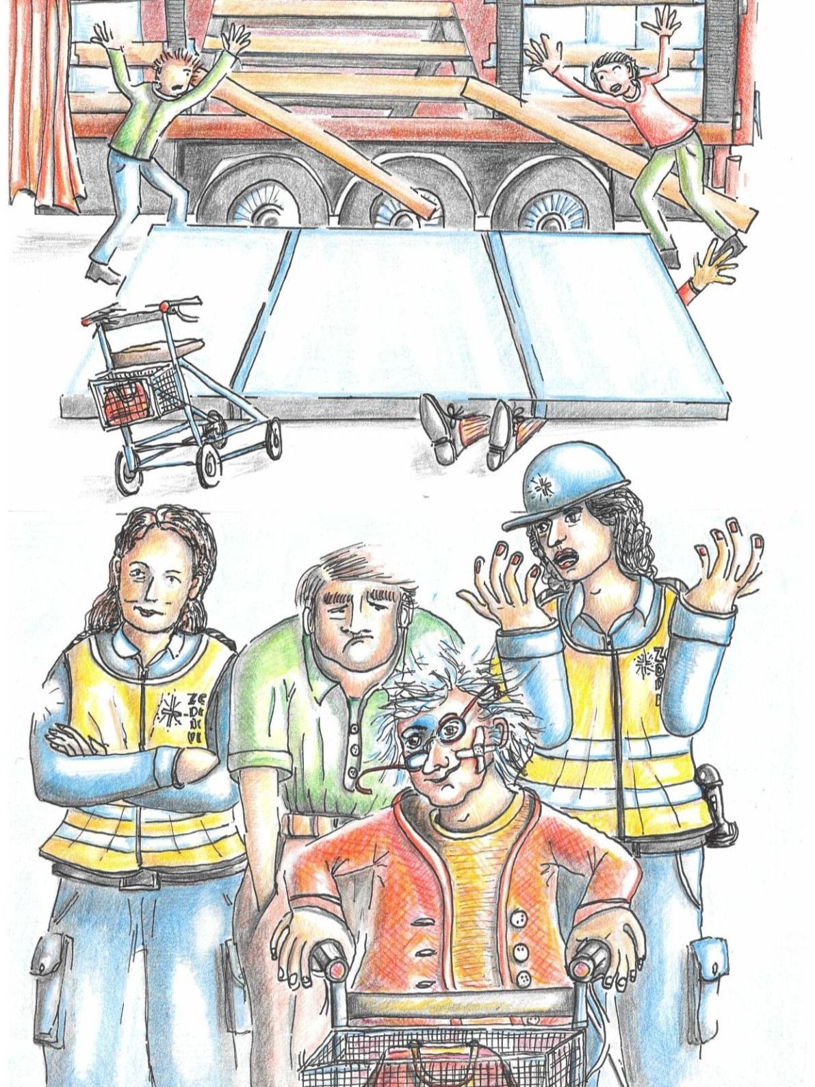 Une illustration humoristique montre des personnes interagissant avec un camion et une rampe. Deux personnes équilibrent sur la rampe, tandis que d'autres discutent au premier plan.  