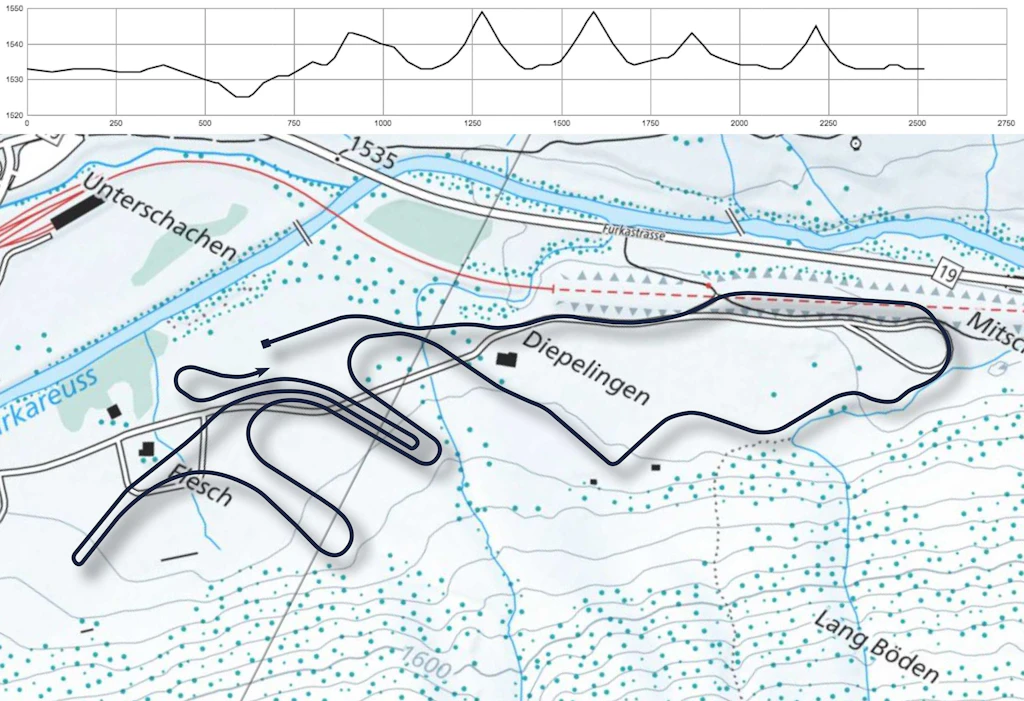 Carte topographique avec un itinéraire dessiné et un profil d’altitude. Le parcours traverse une région de montagne près de Diepelingen.