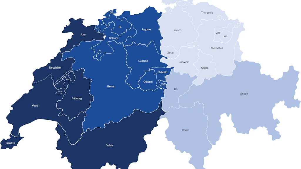 Une carte de la Suisse en dégradé de couleurs affiche les différentes régions douanières.