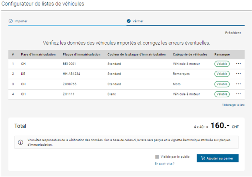 Vue d'écran d'un configurateur de listes de véhicules avec des données de véhicules importées. Le tableau montre le pays d'immatriculation, la plaque d'immatriculation, la catégorie de véhicule et les remarques. 