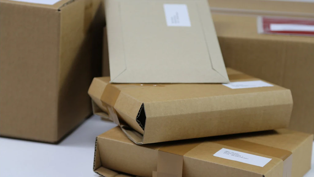 Plusieurs colis d'expédition bruns avec des étiquettes d'adresse sont empilés les uns sur les autres. Les colis sont prêts pour l'expédition.