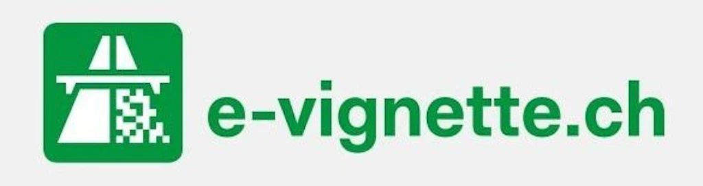 L'image montre le logo de l'E-Vignette en vert. Il se compose d'un symbole stylisé d'autoroute et de l'inscription "e-vignette.ch".