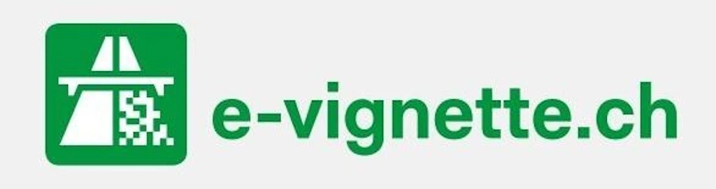 L'image montre le logo de l'E-Vignette en vert. Il se compose d'un symbole stylisé d'autoroute et de l'inscription "e-vignette.ch".