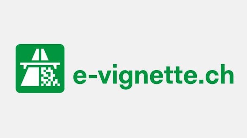 L'image montre le logo de l'E-Vignette en vert. Il se compose d'un symbole stylisé d'autoroute et de l'inscription "e-vignette.ch".