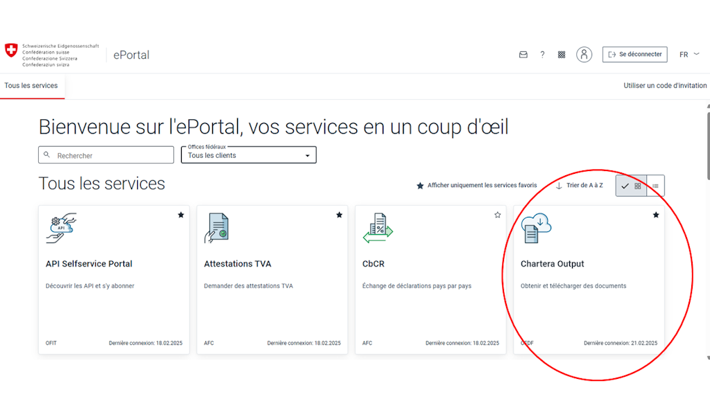 Capture d'écran de l'ePortal de la Confédération suisse avec différentes options de service. La section "Chartera Output" est mise en évidence. 