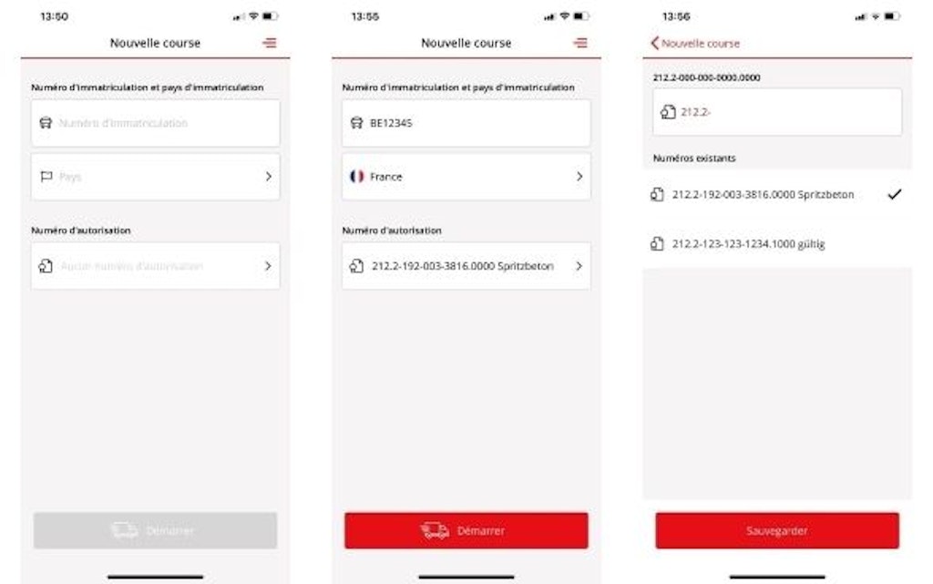 Trois captures d’ecran de smartphone montrent l’application Periodic avec des formulaires pour annoncer un nouveau trajet. On y voit les champs pour le pays, le numero d’autorisation et la selection de numeros existants.