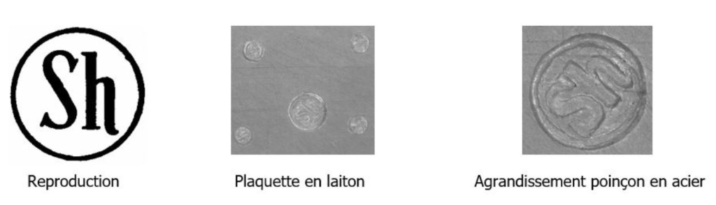 Illustration d’une marque de poinçon avec les lettres Sh. À gauche le dessin original, au centre une plaquette de laiton poinçonnée et à droite l’agrandissement du poinçon en acier.