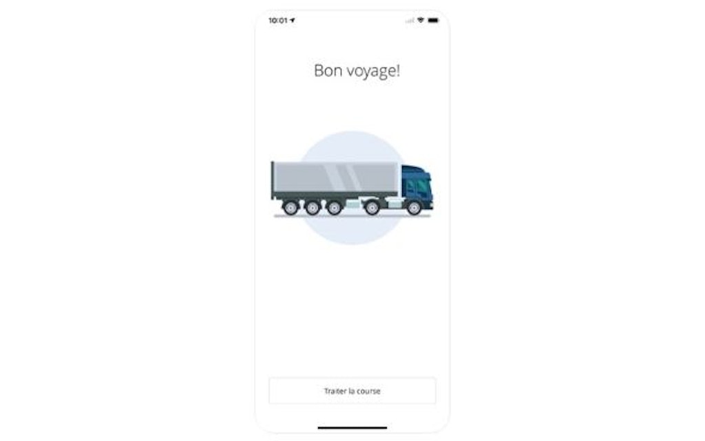 Trois captures d’ecran de smartphone montrent l’ecran de confirmation de l’application Periodic dans differentes langues avec une illustration de camion et le message Bon voyage. La vue confirme la saisie reussie d’un trajet.