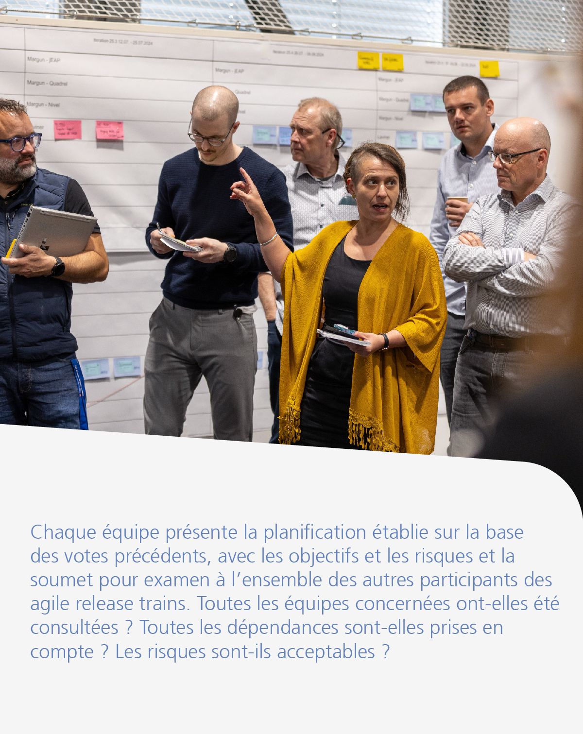 Chaque équipe présente la planification établie sur la base des votes précédents, avec les objectifs et les risques et la soumet pour examen à l’ensemble des autres participants des agile release trains. Toutes les équipes concernées ont-elles été consultées ? Toutes les dépendances sont-elles prises en compte ? Les risques sont-ils acceptables.
