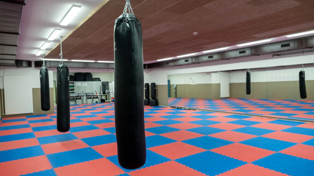 Une salle d’entraînement vide avec plusieurs sacs de boxe suspendus et un sol en dalles rouges et bleues. Des miroirs et du matériel d’entraînement sont visibles à l’arrière-plan. L’éclairage est vif et la pièce paraît propre et bien rangée.