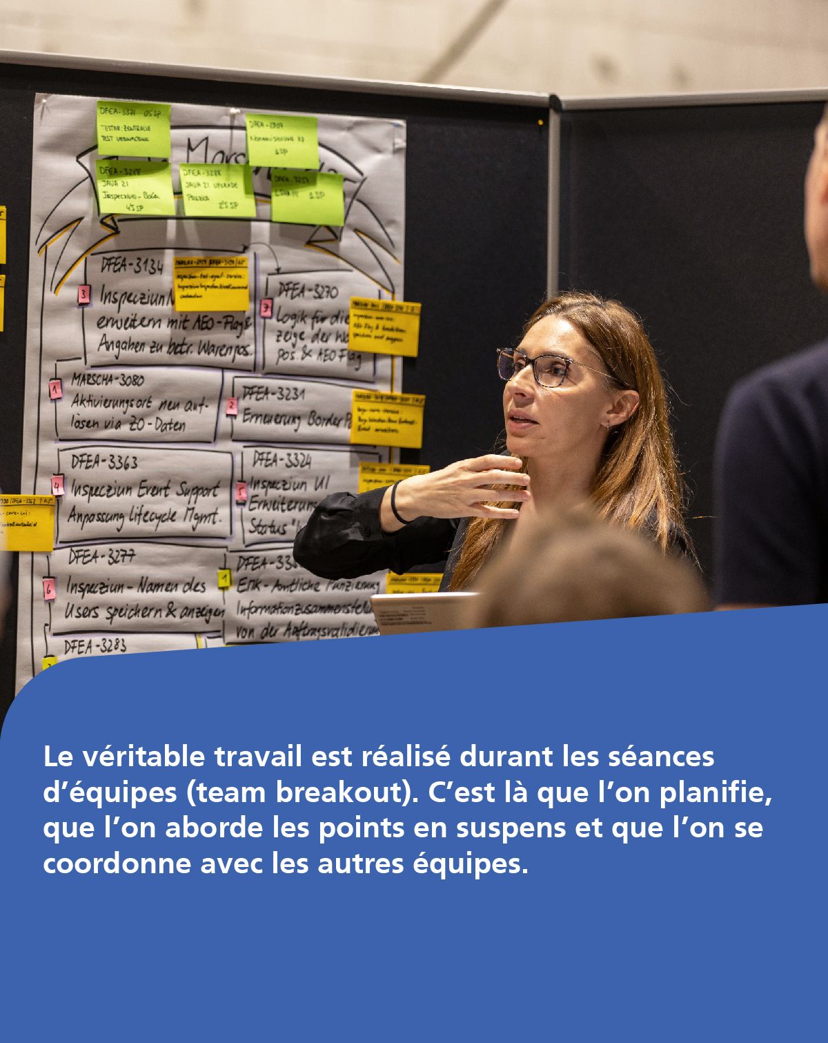 Le véritable travail est réalisé durant les séances d’équipes (team breakout). C’est là que l’on planifie, que l’on aborde les points en suspens et que l’on se coordonne avec les autres équipes.