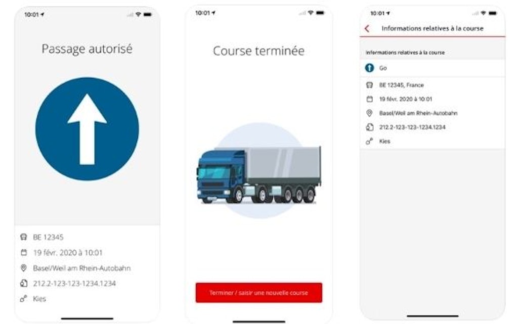 Plusieurs captures d’ecran de smartphone montrent differentes vues de l’application Periodic apres la fin d’une course. On y voit une autorisation de passage, une illustration de camion et les informations detaillees de la course dans plusieurs langues.