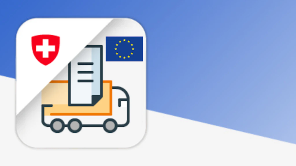 Un symbole avec un camion, un document et les drapeaux de la Suisse et de l'UE. Il représente le processus douanier pour les camions entre la Suisse et l'UE.