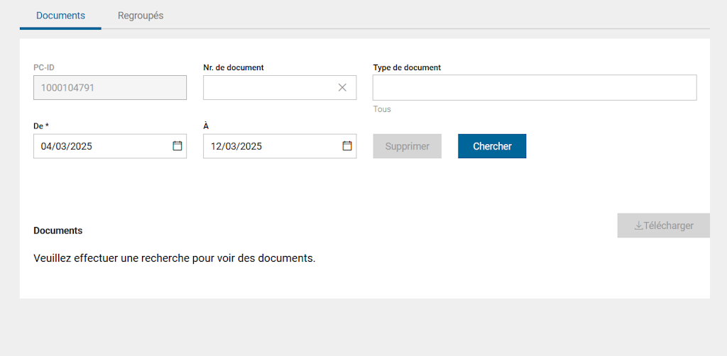 Une interface utilisateur pour la recherche de documents avec des champs pour l'ID GP, le numéro de document et la date. Il y a des options de recherche et de suppression. 