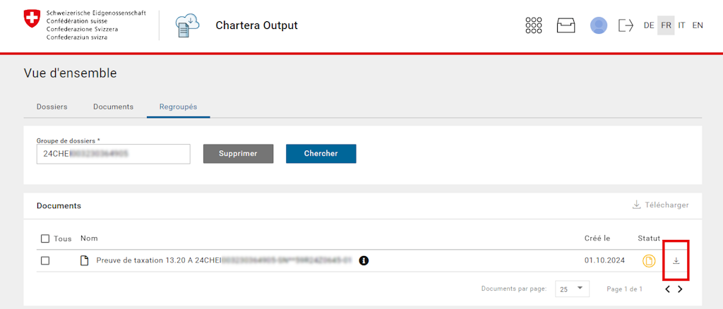 Capture d’écran de l’application Chartera Output de la Confédération suisse en version française. L’écran affiche l’onglet «Regroupés» avec un document disponible au téléchargement et la date de création.