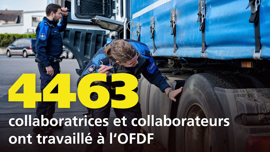 Deux employés de l’OFDF contrôlent un camion sur un parking. Au premier plan, le nombre jaune "4463" indique le nombre de collaborateurs à l’OFDF. La scène illustre un contrôle typique du service des douanes.