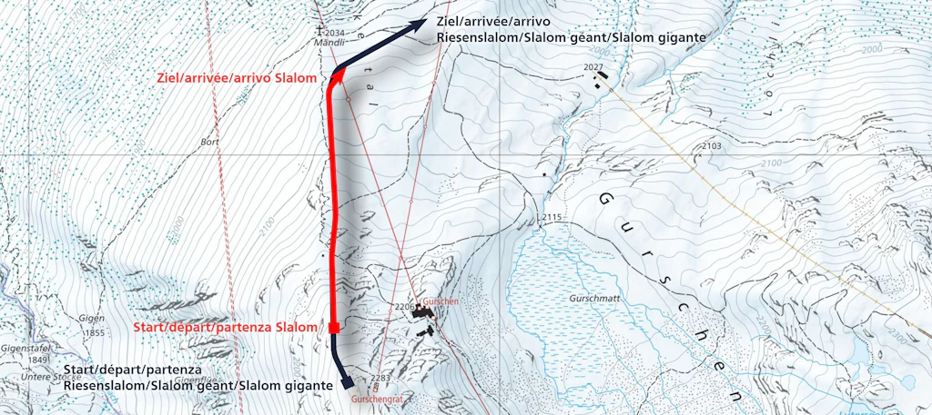 Carte topographique d’une piste de ski au Gurschen avec les départs et arrivées du slalom et du slalom géant. Les parcours sont indiqués par des lignes et des flèches de couleur. Les courbes de niveau montrent le terrain alpin.