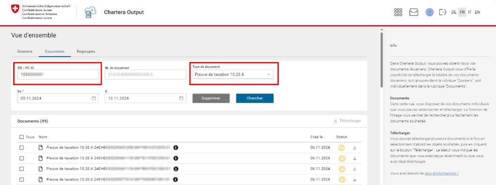 Capture d’écran de l’application Chartera Output de la Confédération suisse en version française. L’écran montre l’onglet «Documents» avec des champs de filtrage pour l’ID, le numéro, le type de document et les dates.