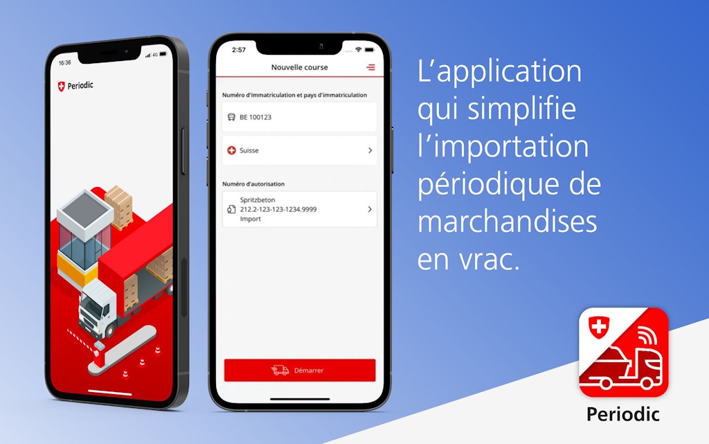 Bannière montrant deux smartphones avec l’application Periodic, une illustration de camion et un texte expliquant la simplification de l’importation périodique de marchandises en vrac. Le logo Periodic est visible en bas a droite.