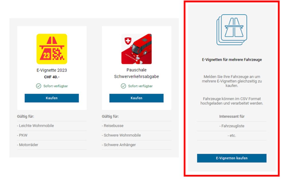 Le graphique montre des options pour l'achat de E-Vignettes et de redevances pour poids lourds. Il y a une E-Vignette pour CHF 40 et une redevance forfaitaire pour poids lourds. 