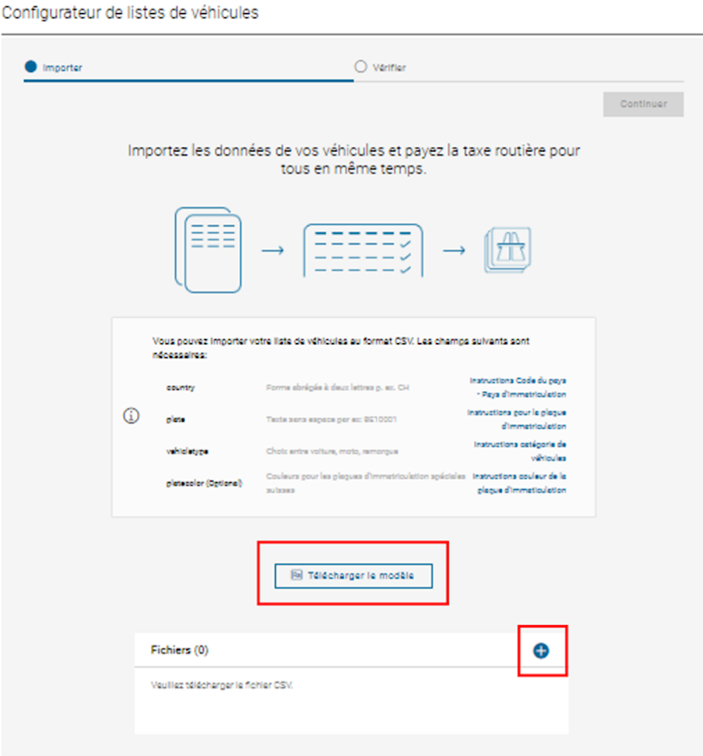 Le configurateur de listes de véhicules permet d'importer des données de véhicules au format CSV. Les utilisateurs peuvent importer les données de leurs véhicules et payer la taxe routière en même temps.