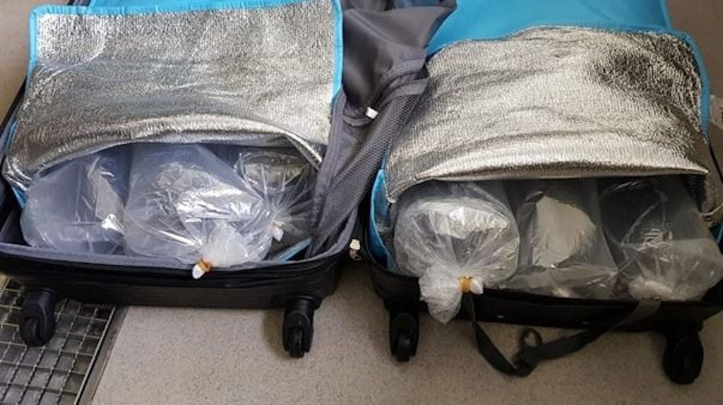 Deux valises ouvertes avec une isolation argentée contenant plusieurs objets emballés dans du plastique. Les valises sont posées sur un sol et semblent être contrôlées.  