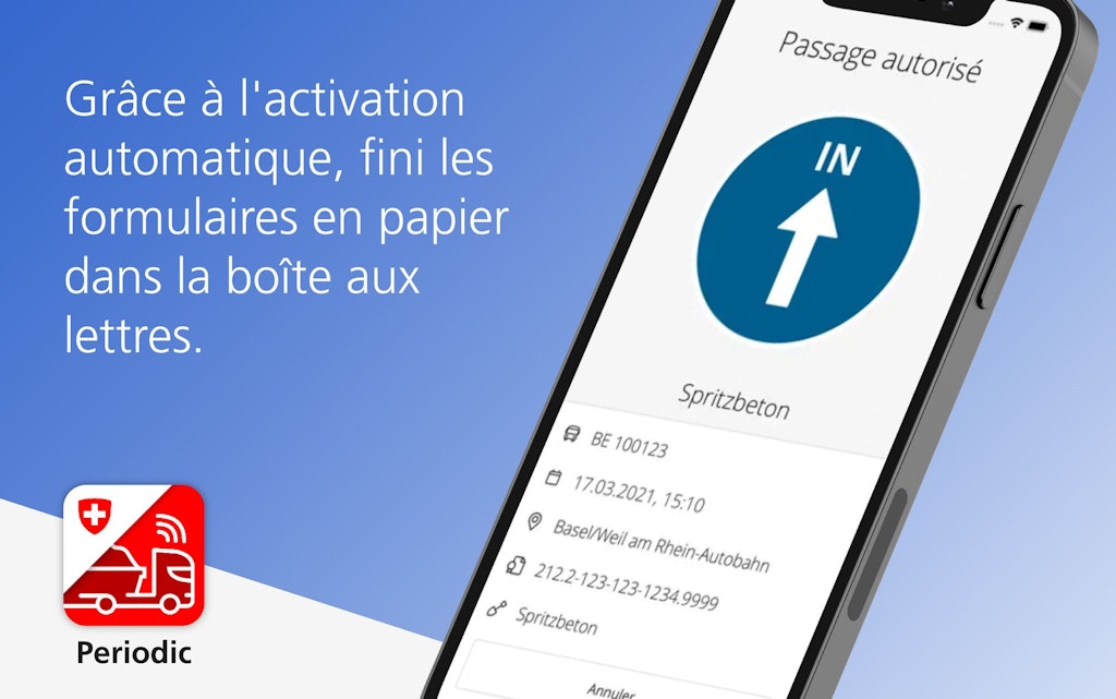 Bannière montrant un smartphone avec l’application Periodic et un symbole de passage autorisé. Le texte explique que l’activation automatique supprime les formulaires papier dans la boîte aux lettres.