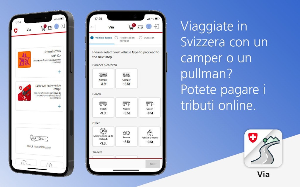Due smartphone mostrano l'app Via, utilizzata per il pagamento online delle tasse in Svizzera. L'app offre opzioni per diversi tipi di veicoli.