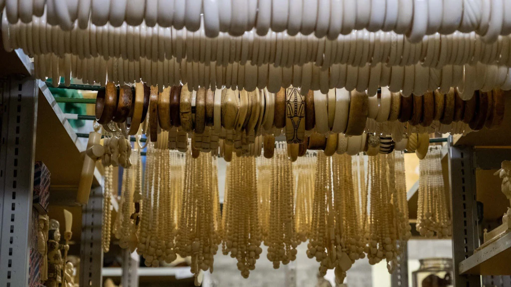 Uno scaffale con diversi gioielli, tra cui braccialetti e collane appesi a ganci. I gioielli sembrano essere realizzati con materiali diversi.  