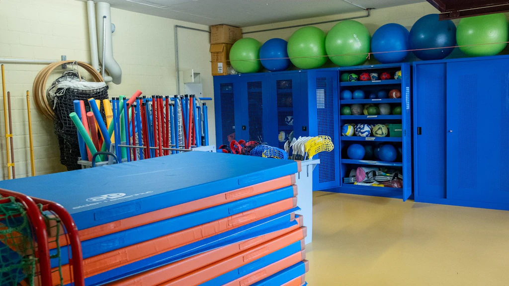 Un magazzino di attrezzi sportivi ben organizzato con armadietti blu, palloni da ginnastica colorati, materassini, cerchi e vari accessori sportivi. L'attrezzatura è ordinata e pronta per l'uso nelle lezioni di educazione fisica.