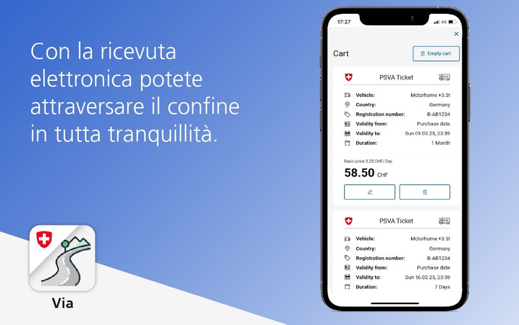 Uno smartphone mostra una ricevuta digitale per un biglietto PSVA. Il testo accanto afferma che si attraversa il confine senza stress con la ricevuta digitale. 